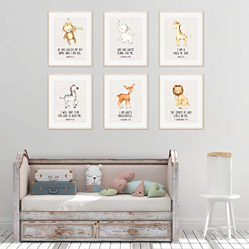 Andaz Press Christian Bible Verses Quotes Nursery Kids Room Unframed Hanging Wall Art Poster Home Decor, 8.5X11-Inch, Jungle Safari Animals Theme, Burlap, 6-Pack, No Frames #TOP2