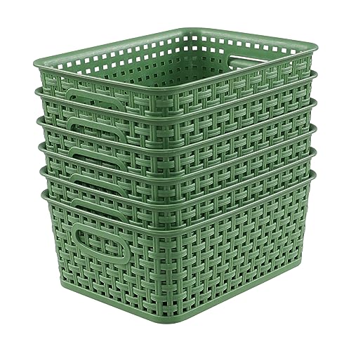 Sadstory Green Plastic Woven Storage Basket, Plastic Shelf Basket, 6 Packs