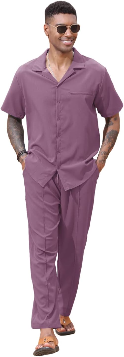 Lexiart 2 Piece Set for Men Beach Outfits Cuban Collar Button Down Shirt Darwstring Pants