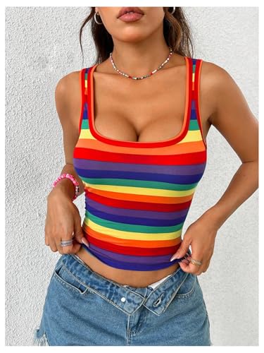 Women's Rainbow Striped Print Crop Tank Tops Sleeveless Scoop Neck Slim Fit Summer Tops4
