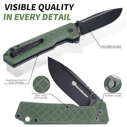 DRACHENADER IE-BR Klappmesser Einhandmesser, 14C28N Stahl, G10 Griff, Taschenmesser mit Buttonlock, Clip, Nylontasche für Camping, Wandern, Klinge Schwarz + Griff Grün – Bild 3