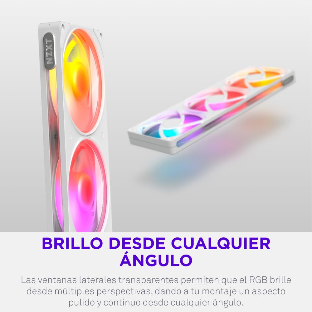 NZXT F360 RGB Reverse - Ventilador Inverso Marco Único 360mm - Blanco | Unidad de marco único de 360mm con tres ventiladores RGB PWM de 120mm de aspas invertidas. Flujo de aire limpio para vitrina.