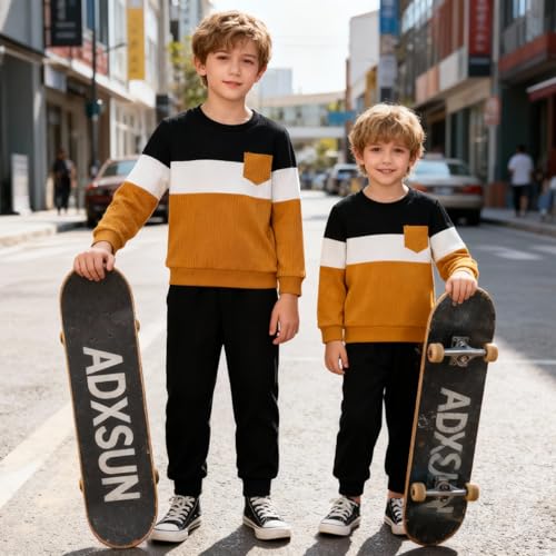 Image of Kid Toddler Boy Clothes Color Block Sweatshirt and Casual Pants 2Pcs Boys Fall Winter Outfits 1-5T
