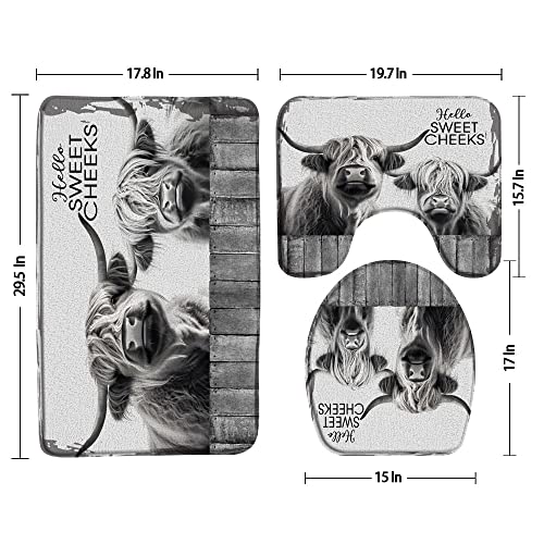 3pcs Farmhouse Highland Cow Bathroom Sets with Non-Slip Rug,Toilet Lid Cover and Bath Mat, Western Rustic Animal Wildlife Cattle Grey Bull Country Wooden Fence Bathroom Carpet Bath Mat Toilet Rugs