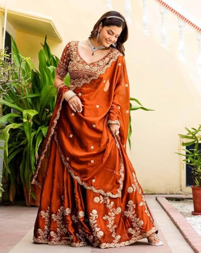 Image of piludi Women's Embroidered Lehenga Choli with Dupatta | Heavy Floral Zari Work Semi-Stitched Lehenga Set