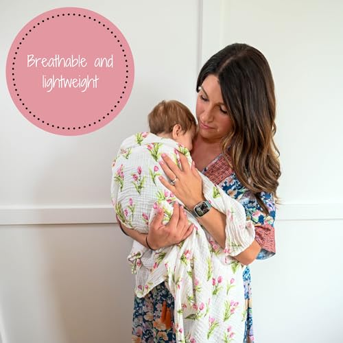 Image of LollyBanks Muslin Swaddle Blankets 2PACK, 100% Cotton Baby Blanket 47 x 47 Inches, Large Baby Swaddle Breathable, Muslin Blankets for Girls (Hydrangea and Tulip Print)
