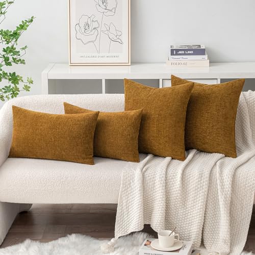 Image of MIULEE Pack of 2 Couch Throw Pillow Covers 18x18 Inch Soft Mustard Chenille Pillow Covers for Sofa Living Room Solid Dyed Pillow Cases
