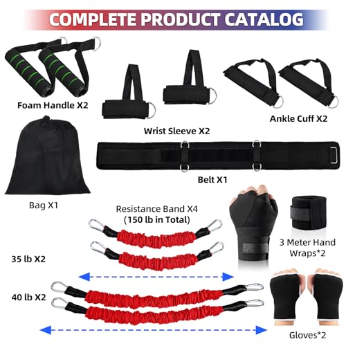Image of Boxing Resistance Bands Set for Boxing MMA Martial Arts Training Equipment, 150lbs Exercise Bands with Cuffs & Belt, Workout Band for Resistance Training Enhance Explosive Power /Speed /Agility