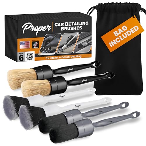 Premium Car Detailing Brush Set - Complete 6 Pack Kit - 2 Boars Hair 2 Ultra Soft 2 Synthetic Bristles - Car Detail Brush for All Surfaces Leather Seats Air Vents Wheels & Emblems and More