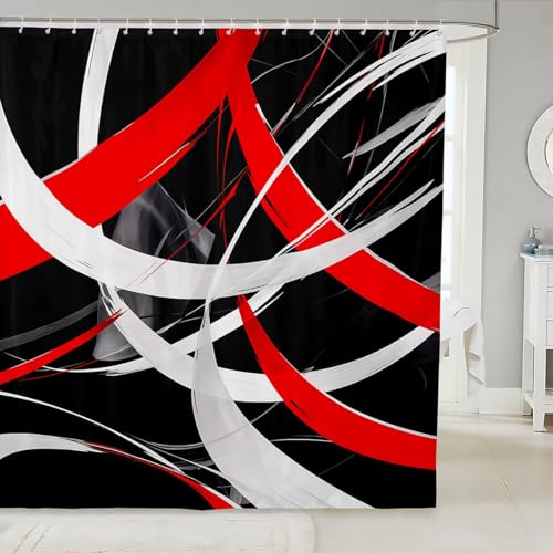 Feelyou Red Gray Black Geometrics Bath Curtain Boys Girls Stripes Lines Abstract Kids Bathroom Accessories 72"x78"