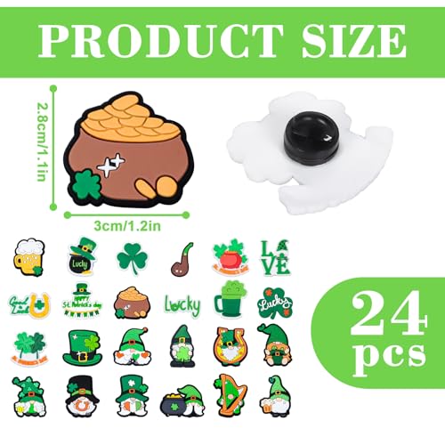Image of FYSUIMU St. Patrick's Day Pins Green Gnome Shamrock Clover PVC Plastic Brooch Pins for Irish St. Patrick's Day Party Decorations Supplies Goodie Bag Stuffer 24 Pcs