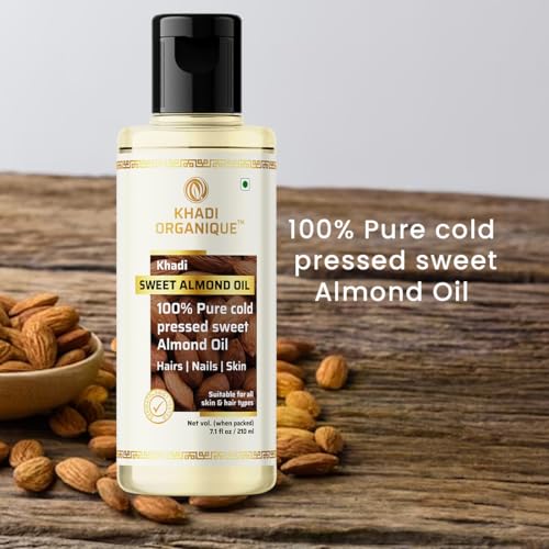 Image of Khadi Organique 100% Pure Cold Pressed Sweet Almond Oil for Hair, Skin & Nails | Rich in Vitamins A & E | Deeply Moisturizes, Repairs & Strengthens | Ideal for Massage & Daily Nourishment - 210 ml