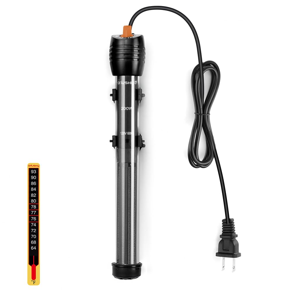 Orlushy Submersible Aquarium Heater,200W Adjustable Fish Tahk Heater with 2 Suction Cups Free Thermometer Suitable for Marine Saltwater and Freshwater