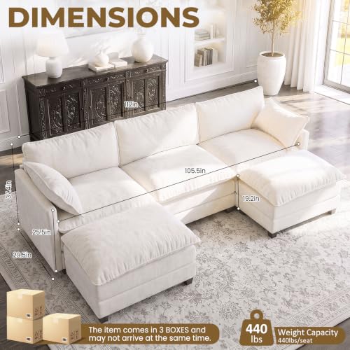 Image of 112 inch U-Shape Modular Sofa with 2 Ottomans, Deep Seat Cloud Convertible Sleeper, 2 Arm Pillows, Comfortable Upholstered Furniture for Living Room Apartment, Beige