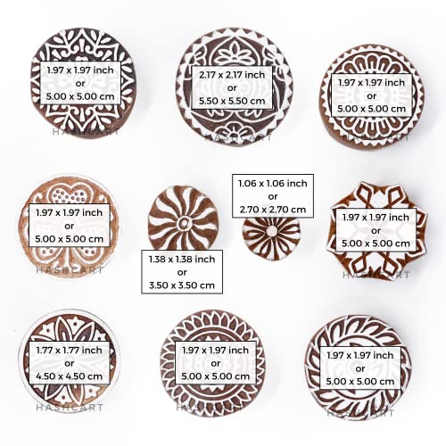 Image of Hashcart | Set of 10 | Round Shape Multi Floral Design baren for Block Printing | Wooden Stamps for Project Designing | Scrapbooking | Project Making | Clay | Pottery Craft