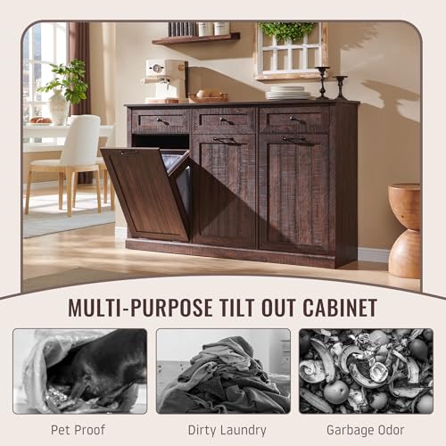 Image of IFBUY Triple Tilt Out Laundry Hamper Cabinet, Trash Cabinet, Brown