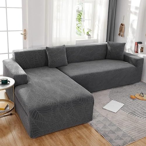 Housse de canapé d'angle en L jacquard extensible gris foncé 1 place