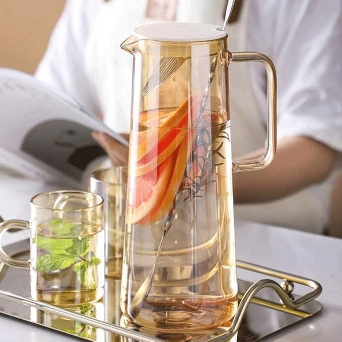 Image of Bellemax Premium Juice and Water Brown Glass Pitcher jug with Lid and 1.8 Liter Style jug with Handle Water, ice Lemon Tea, Milk and Juice Beverage (Brown) (BX-10)