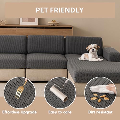 KaviKon Stretch Sectional Couch Covers, Wear Resistant L Shaped Sofa Slipcovers Washable Soft Furniture Protector Anti Slip Cushion Covers for Dogs Armchair Covers(1 Piece Seat Chair Cover, Grid Grey) — view 6