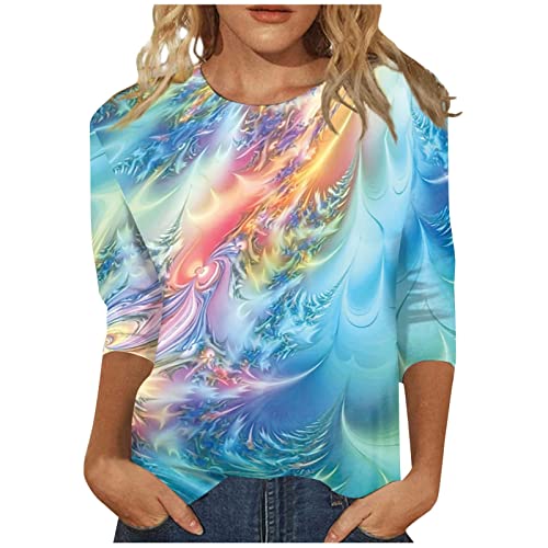 Women's Tops Trendy Cute Hawaiian Floral Graphic Printed Round Neck 3/4 Sleeve Slim T-Shirts Shirts Summer Dressy Casual Plus Size Basic Pullover Tops Vacation Outfits Ropa De Mujer(B-Blue,S) #TOP16