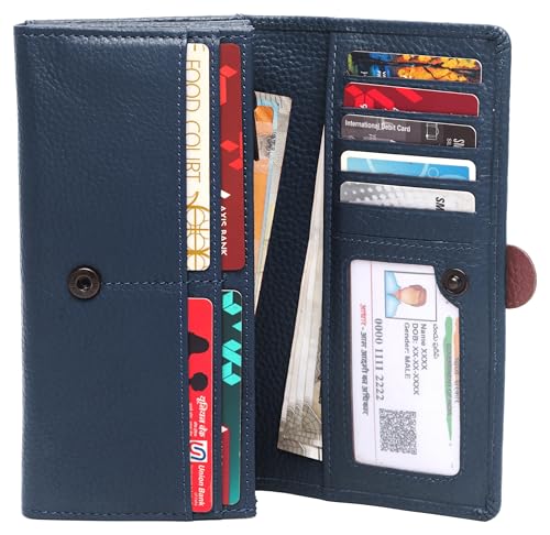 Image of WildHorn Women's Genuine Leather RFID Blocking Wallet | Tri-Fold High-Capacity Ladies Purse with Card Slots, Zipper Coin Pocket & Snap Closure | Ideal Gift for Women (Blue)