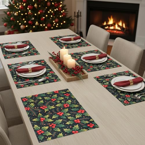 Image of Dining Table Mats Set of 6 - Cherry Christmas Leaves Theme,Digital Print, Washable, Indoor /Outdoor, Heat-Proof, Wipe & Clean (47X33 cm) Red & Green