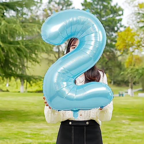 Image of Blue Light Number Balloon, 40 Inch, Party Decorations for Birthdays, Boy Baby Shower, Wedding, Unisex, Includes 1 Balloon, 1 Roll String, 1 Straw