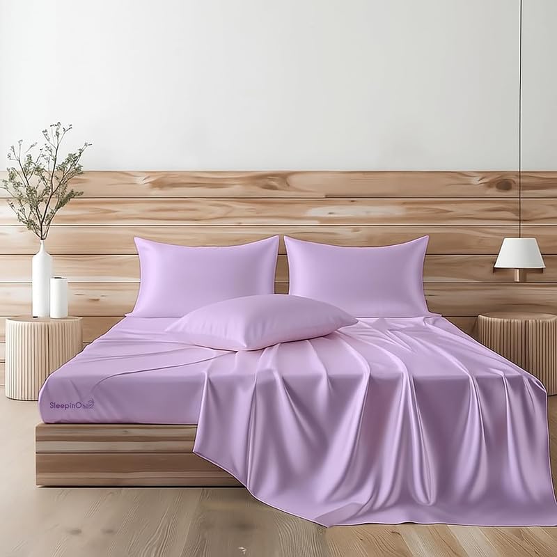 Image of Premium Satin Single Bed (60x90 Inchs) with 1 Pillow Cover Bedsheet Ultra Soft & Silky Smooth, Breathable Cooling Fabric, Luxury Glossy Finish|Levender