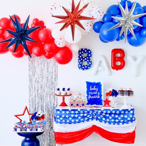 Image of TONIFUL 8 Pcs Navy Blue Silver Red Explosion Star Foil Balloon Party Decor | 22 Inch Large Mylar Star Balloon for Men's Birthday Nautical Sailor Theme Birthday Patriotic National Holiday Party Decor