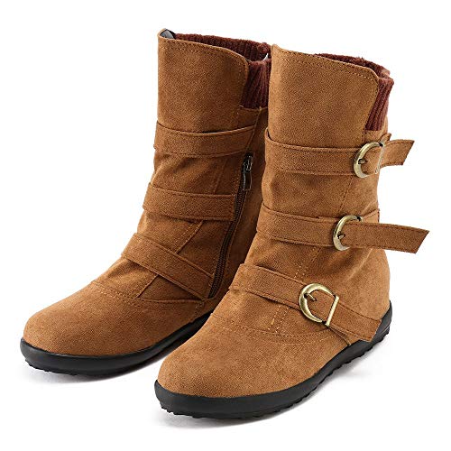 Noldares Boots For Women Winter Round-Toe Buckle Strap Zipper Boots Flats Low-Heeled Western Combat Mid Calf Boots, Brown, 8 #TOP3
