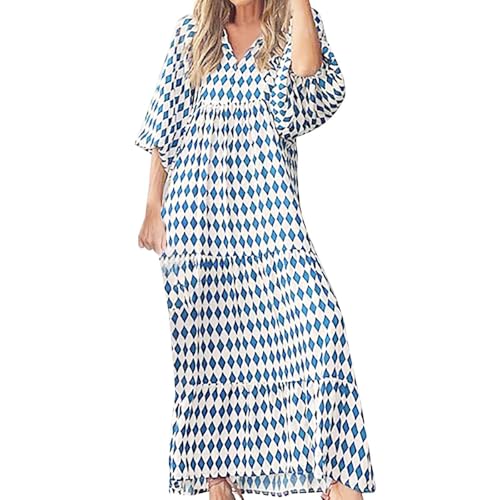 Boho Maxi Dresses for Women Floral Half Sleeve Long Dress Casual Loose Fit Geometric V Neck Tiered Flowy Dress4