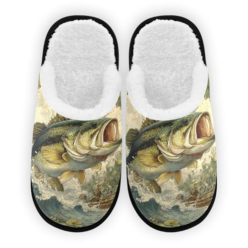 Drawn Green Bass Fish Slippers For Women Men Soft Memory Foam Non-Slip Animal Winter Indoor House Shoes Travel Slipper