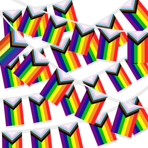 MARFOREVER 100 Pcs Progress Pride Flags Banner 105 Feet Gay Rainbow Banner String Lesbian Pansexual Bisexual LGBTQ Pennant Flags Bunting for Home Garden Bars Pride Month LGBT Party Decorations