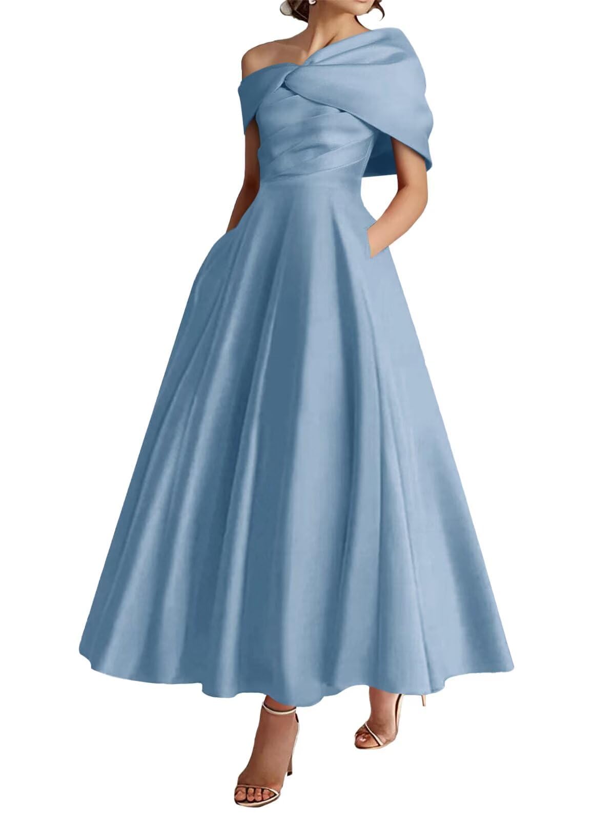 Kiyne Women's Dusty Blue Elegant Mother Of The Bride Dress With Pockets A Line V Neck Formal Dress Tea Length Satin Evening Party Gown Uk18