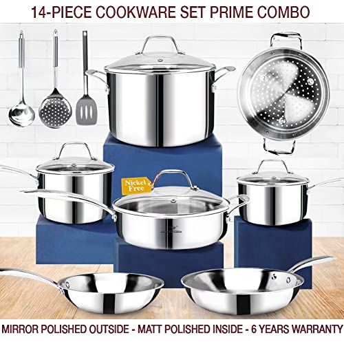 Homichef 14-Piece Nickel Free Stainless Steel Cookware Set Whole-Clad 3-Ply - Mirror Polished Stainless Steel Pots And Pans Set - Healthy Cookware Set With Steamer - Non-Toxic Induction Cookware Sets #TOP1