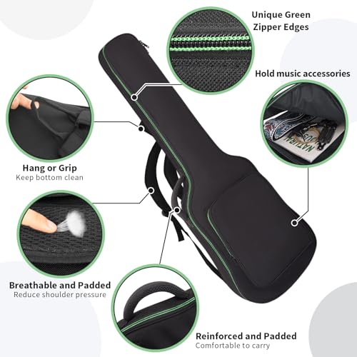Image of Electric Guitar Bag 7MM Soft Padded Electric Guitar Case 39 Inch Gig Bag Backpack with Back Hanger Loop and Shoulder Strap, Green Zipper
