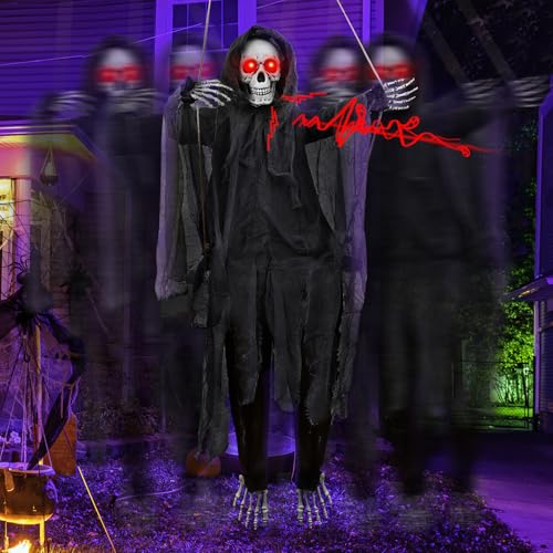 4.58 Ft Scary Halloween Decorations Outdoor, Sound & Slap Activated Hanging Swing Skeleton with Creepy Sound and Light Up Eyes, Spooky Grim Reaper Hanging Ghost for Halloween Party Prop Decor