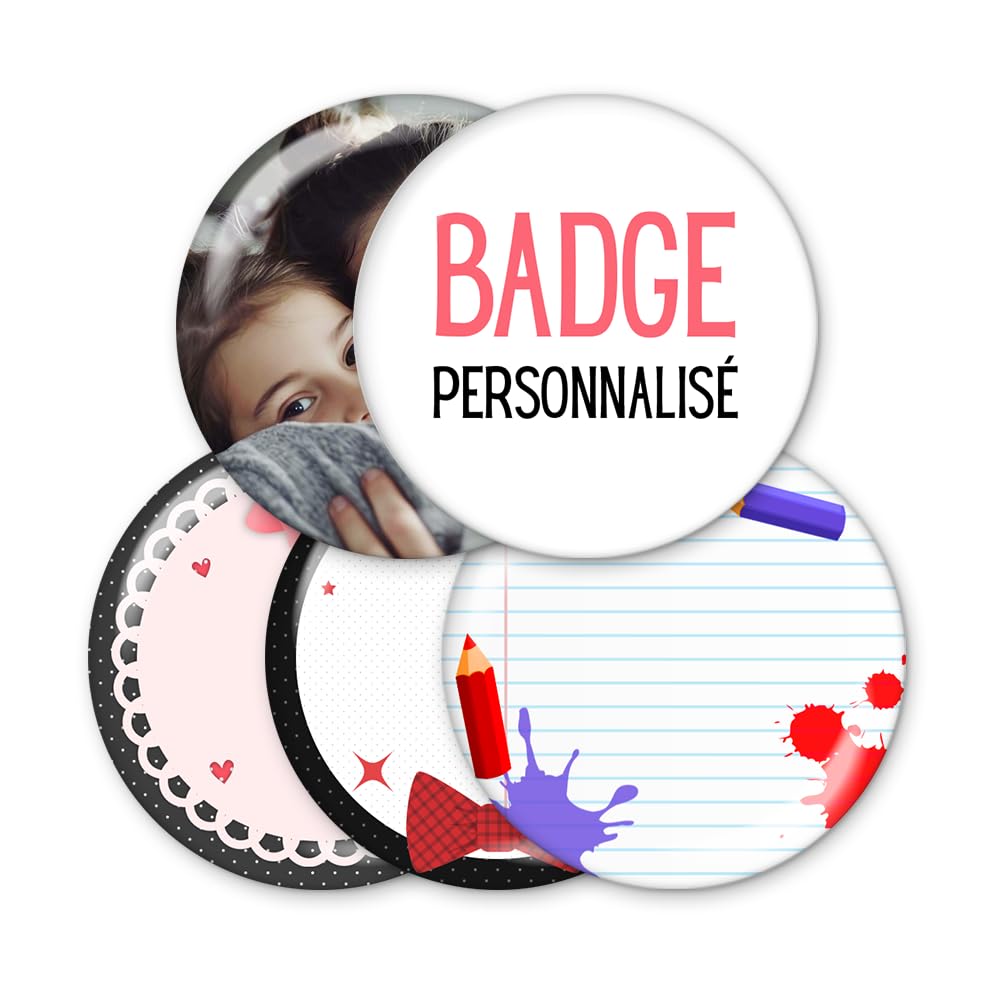 Badge personnalisable 5,6cm avec texte photo logo pour évènement fête mariage anniversaire baptême - Artisanat français Colleen Illustrations