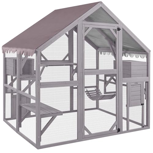 Image of Aivituvin Catio Outdoor Cat Enclosure Large Cat Run with Bridges, Walks, Small Houses, Roof Cover 28.27 ft