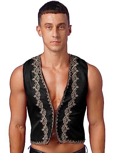 Mens Gothic Steampunk Victorian Vest Arabian Gold Trims Open Front Waistcoat Coat Jacket