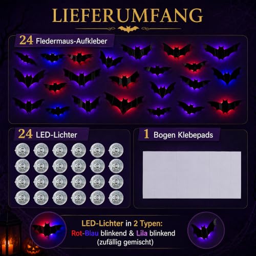 24 Stück Halloween Fledermaus Deko mit LED Outdoor Innen Fensterbilder – Ansicht 5