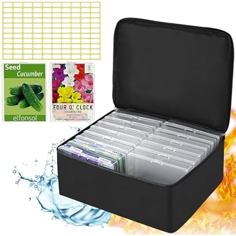 16 Slots Seed Storage Organizer Box with Zipper Bag Stickers, Big Capacity Oxford Cloth Seed Container use for Seed Packets, Garden Seed Storage Organizer for Seeds, Plant, Vegetable (White) Cover