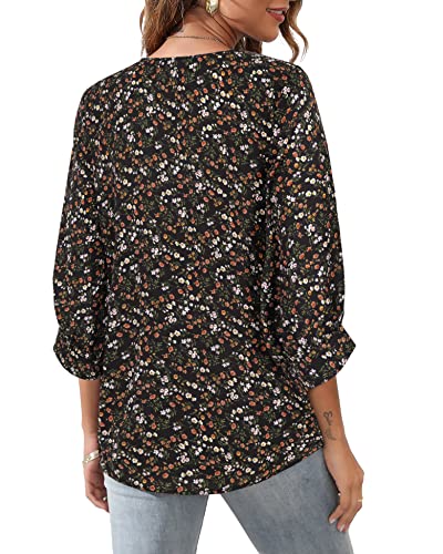 Unixseque Floral 3/4 Sleeve Blouse For Women, Chiffon V Neck Casual Office Tunic Top #TOP2