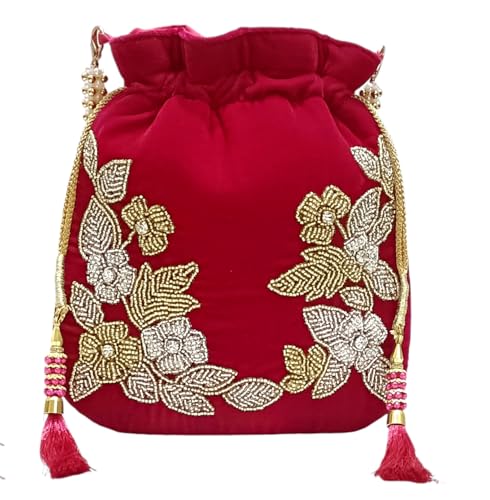 Image of Velvet Potli Bag with Golden & Silver Beaded Flower Embroidery - Handcrafted Ethnic Drawstring Bag for Weddings, Parties & Festive Gifts - Beaded Handle & Tassels for Women