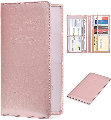 HerriaT Car Registration and Insurance Card Holder - Leather Vehicle Glove Box Automobile Documents Paperwork Wallet Case Organizer for ID, Driver's License, Key Contact Information Cards - Men&Women