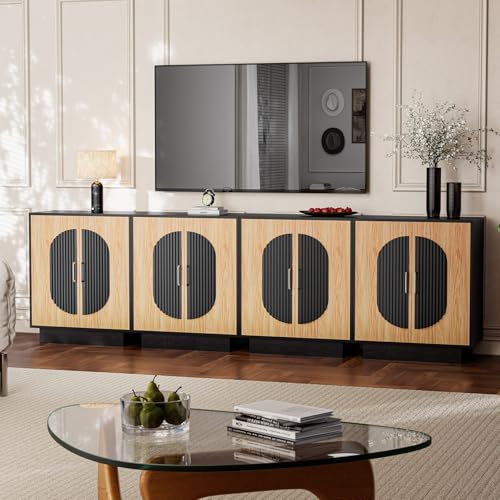 Image of 116 inch Fluted Modular Buffet Cabinet with Arched Doors & Gold Handles, Mid Century Modern Sideboard Credenza Storage with Adjustable Shelves, Wood Coffee Bar Console Table for Dining Living Room