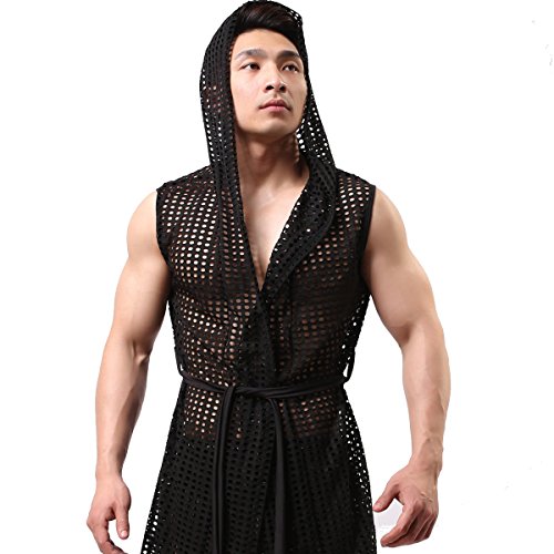 Men's Sexy Hooded Sleeveless Robes Bathrobes Mesh See-Through Lingerie Sleepwear Pajamas(Black L) #TOP5