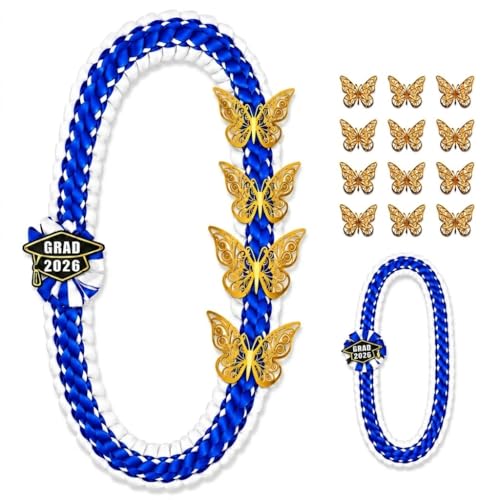 Class of 2026 Graduation Lei Blue White Ribbon 12 Gold Butterflies