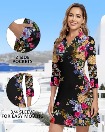Image of WOWENY 3 /4 Sleeve Dress for Women with Pockets V Neck UPF 50+ Casual Sun Dress Breathable Quick Dry Beach Vacation