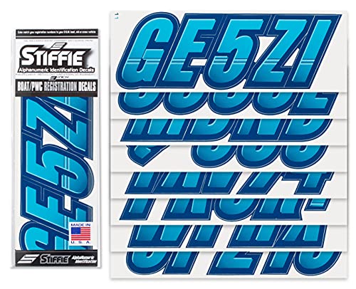 Image of STIFFIE Techtron Sky Blue /Navy 3 inch Boat & PWC Registration Decals • Numbers Letters Stickers